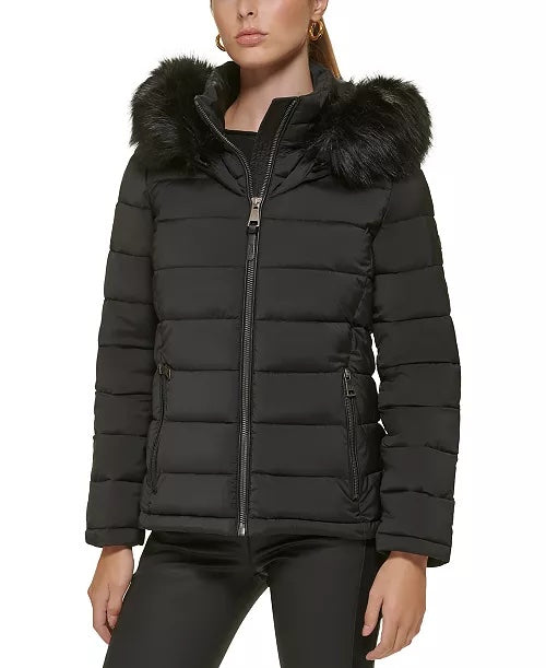 DKNY Women's Faux-Fur-Trim Hooded Zip Puffer Coat Black Small