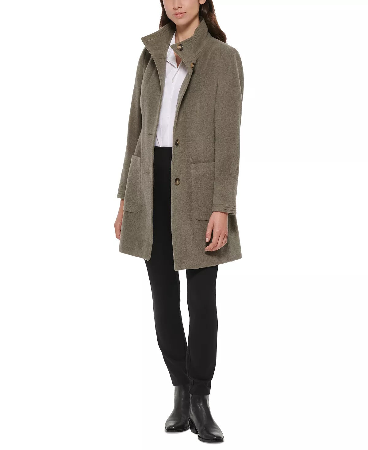 DKNY Women's Stand-Collar Button-Front Belted Coat Sage Green XS