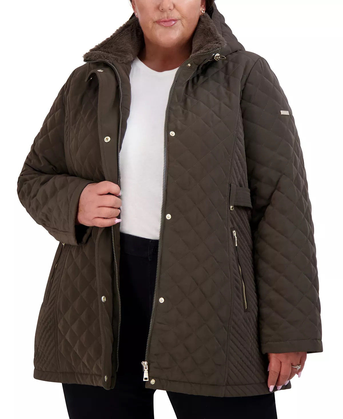 Laundry by Shelli Segal Women's Plus Size Hooded Quilted Coat 2X Rich Taupe