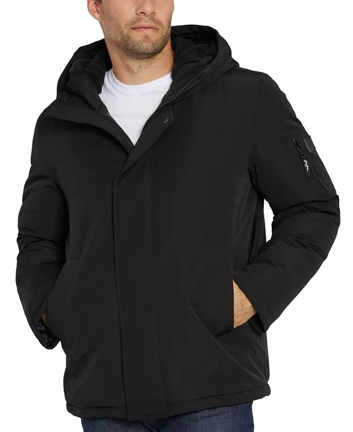 SEAN JOHN Men's Bomber Jacket Coat Medium Black Fleece Lined Hood