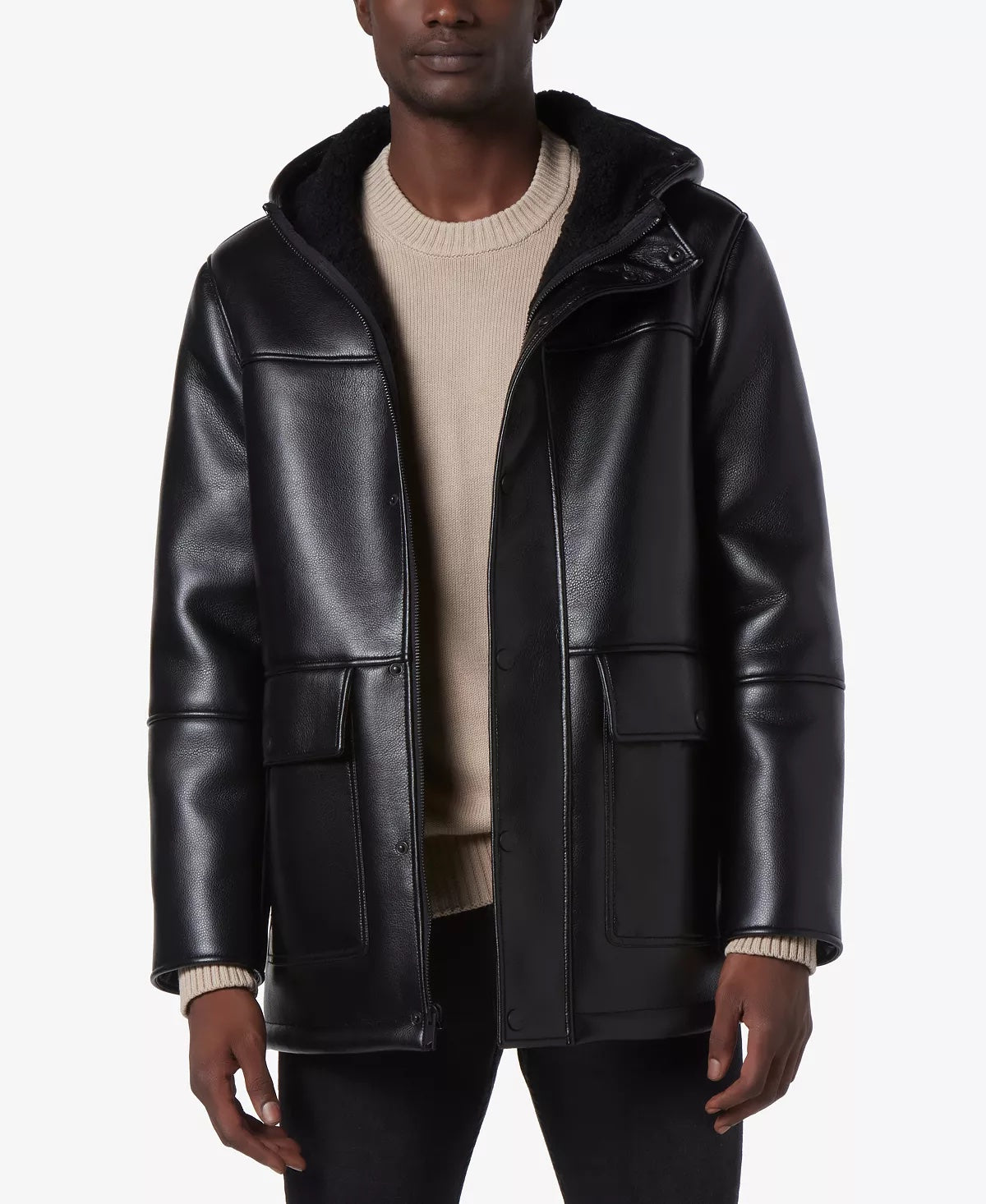 Marc New York Men's Parka Jacket Black Medium Donohue Faux Leather Fleece-Lined