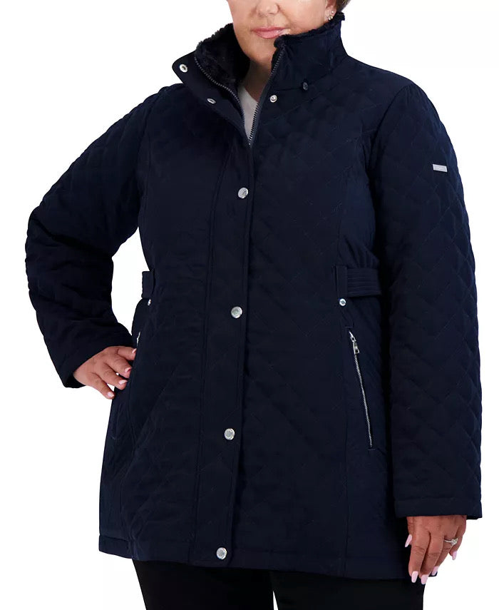 LAUNDRY BY SHELLI SEGAL Women's Plus Size Hooded Quilted Coat 2X Navy Blue
