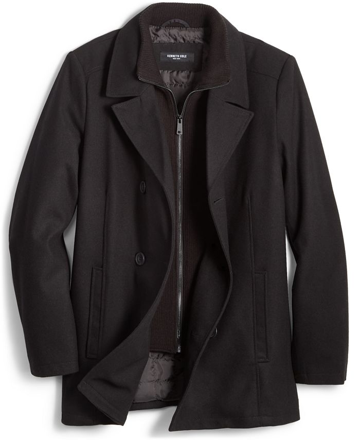 Kenneth Cole Men's Double Breasted Wool Blend Peacoat Large Bib Black Coat