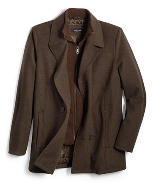 Kenneth Cole Men's Double Breasted Wool Blend Peacoat Large Bib Brown Coat