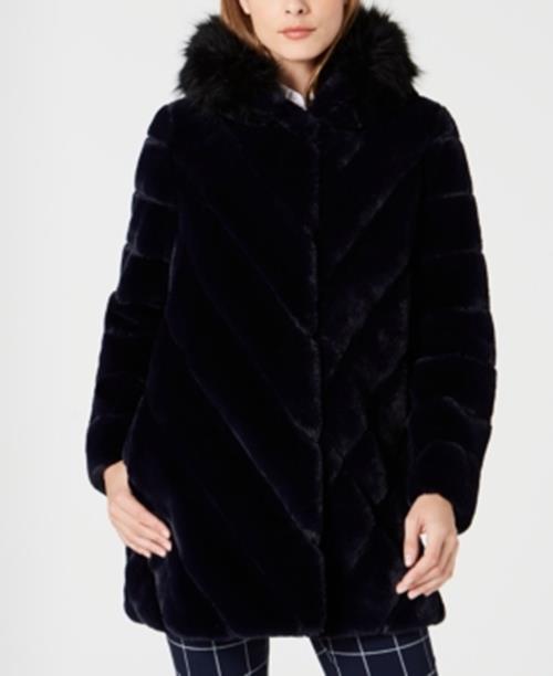 CALVIN KLEIN Women's Hooded Faux-Fur Coat Navy Blue XS