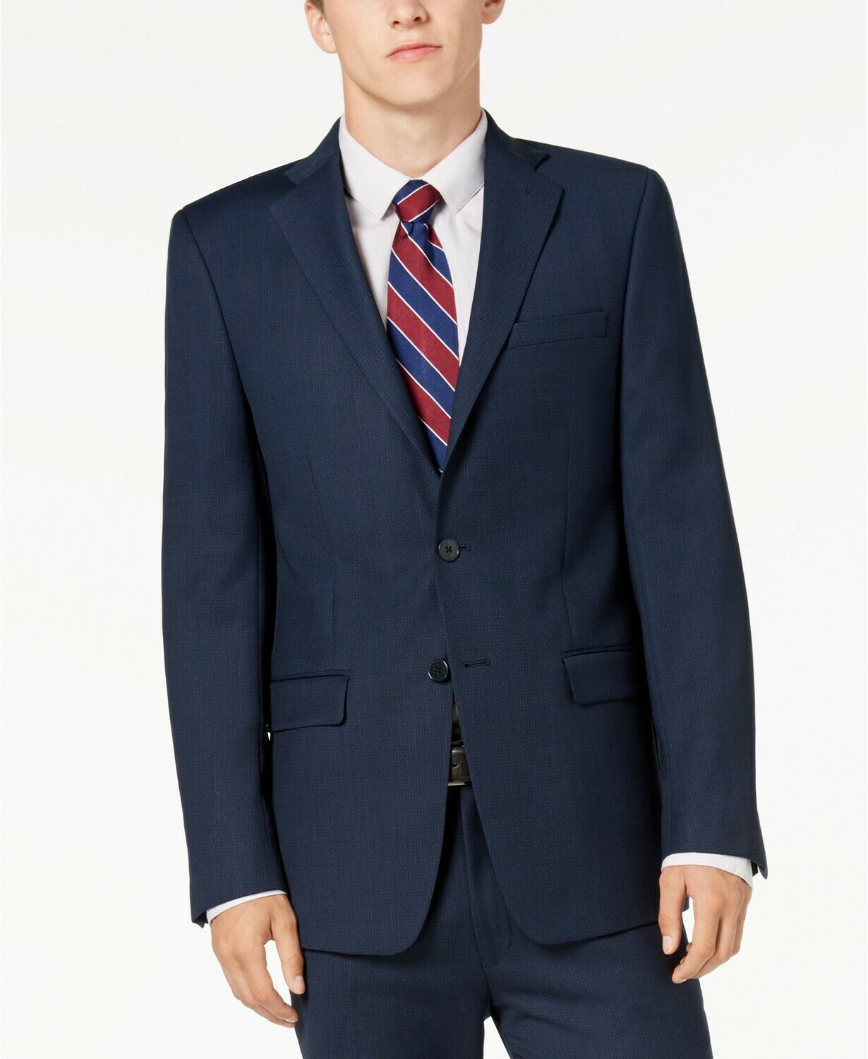 Calvin Klein Mens Suit 38L / 30 x 32 Slim-Fit Stretch Blue Charcoal Birdseye