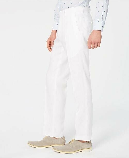 Bar III Men's Slim-Fit White LINEN Dress Pants 30 x 30 Flat Front Pant
