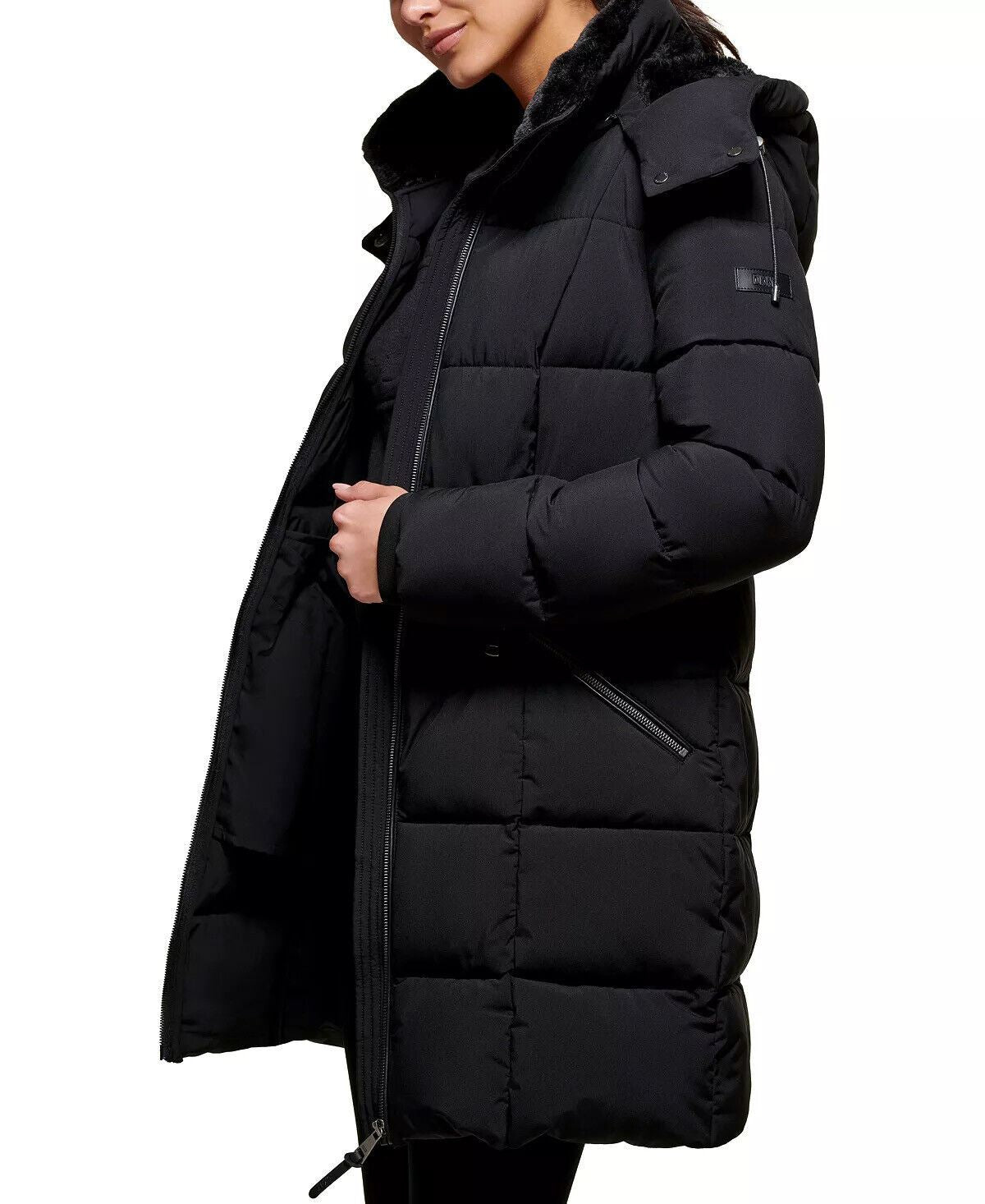 Dkny Womens Zip Puffer Coat Small Solid Black