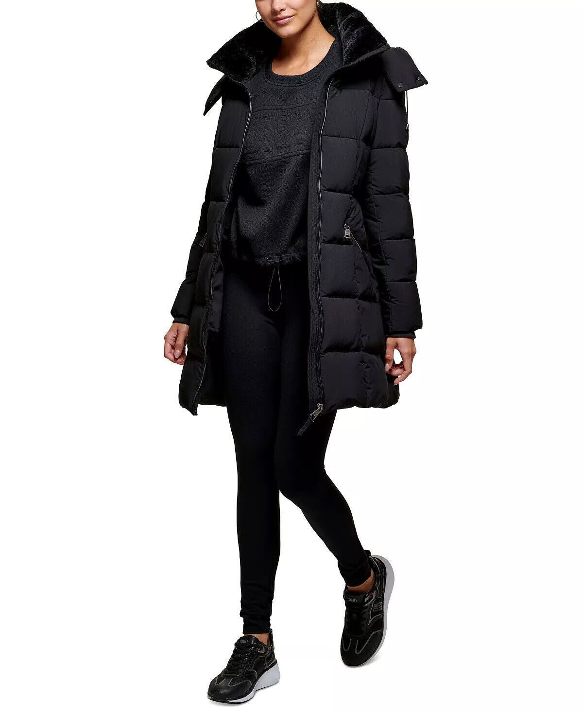 Dkny Womens Zip Puffer Coat Medium Solid Black