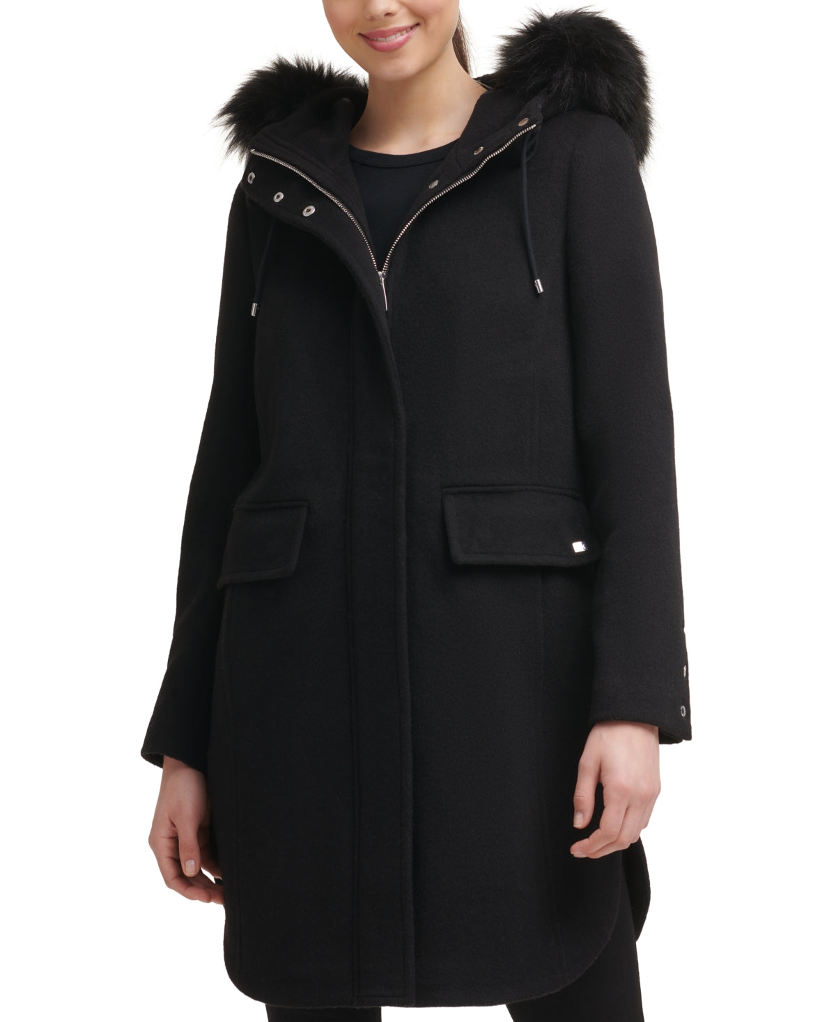 Calvin Klein Women's Faux-Fur-Trim Hooded Walker Coat Black Medium Wool Zip