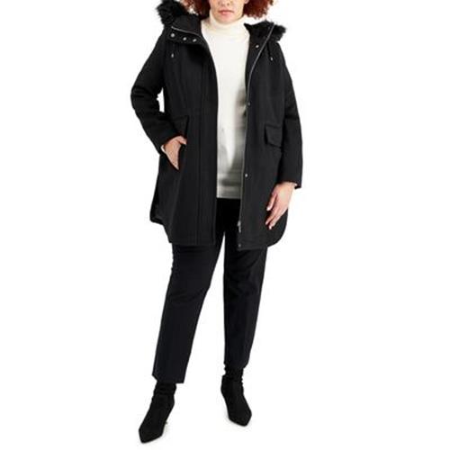 Calvin Klein Women's Plus Size Hooded Faux-Fur-Trim Coat 3X Black Wool Zip