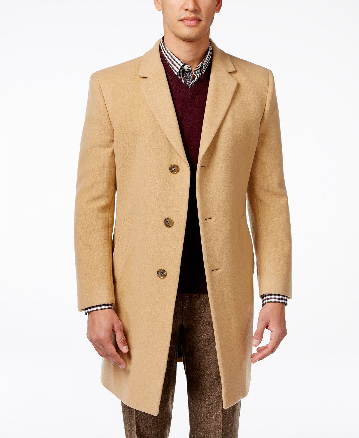 Tommy Hilfiger Addison Wool-Blend Trim Fit Overcoat Coat 38S Camel