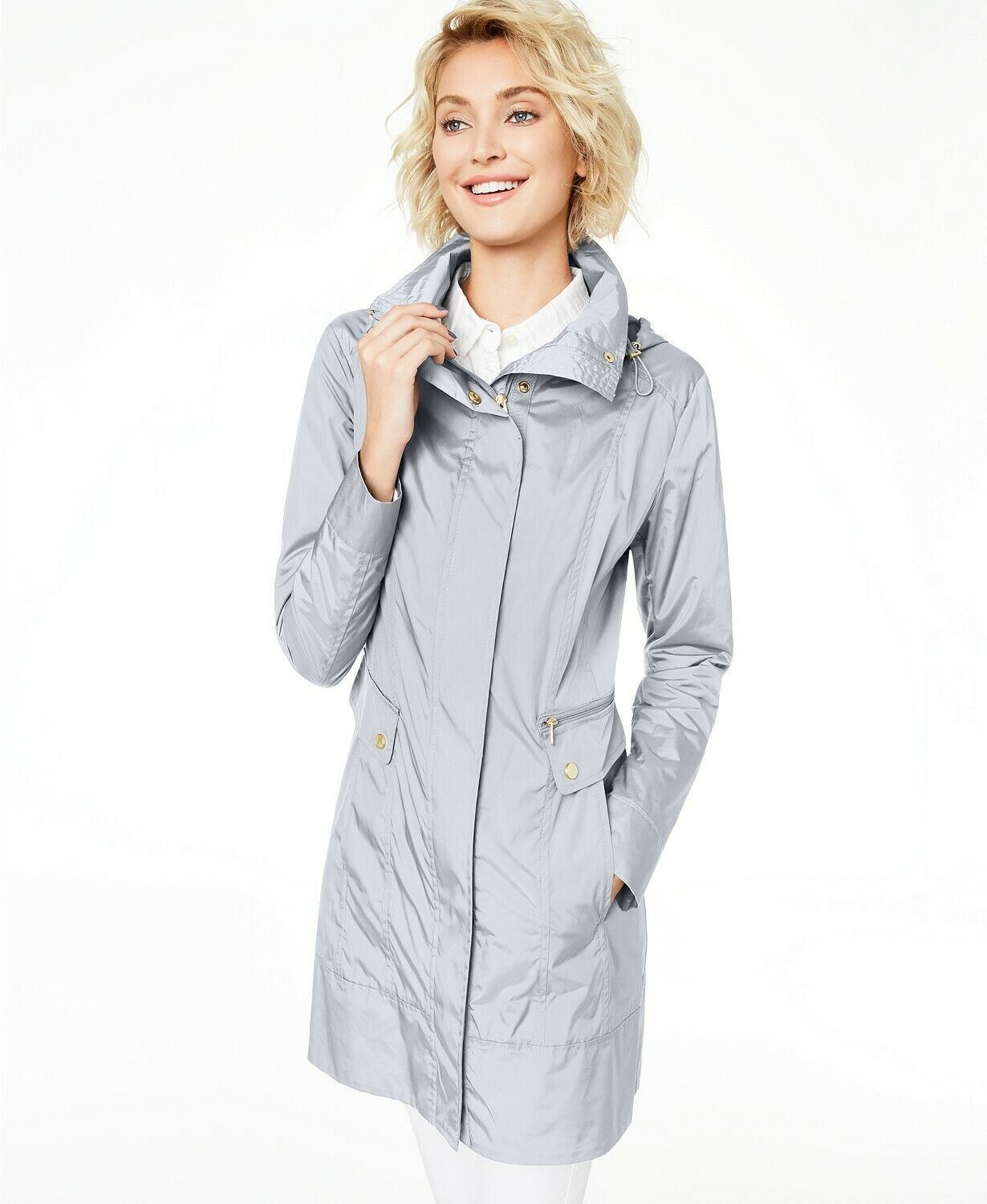 Cole Haan Womens Packable Hooded Raincoat Medium Pearl Grey