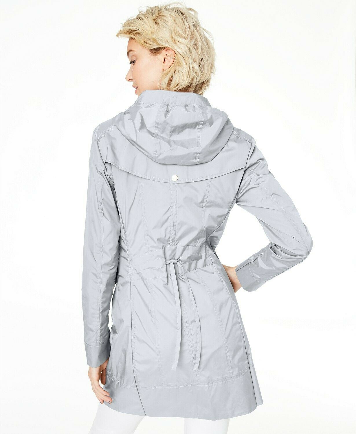 Cole Haan Womens Packable Hooded Raincoat Medium Pearl Grey