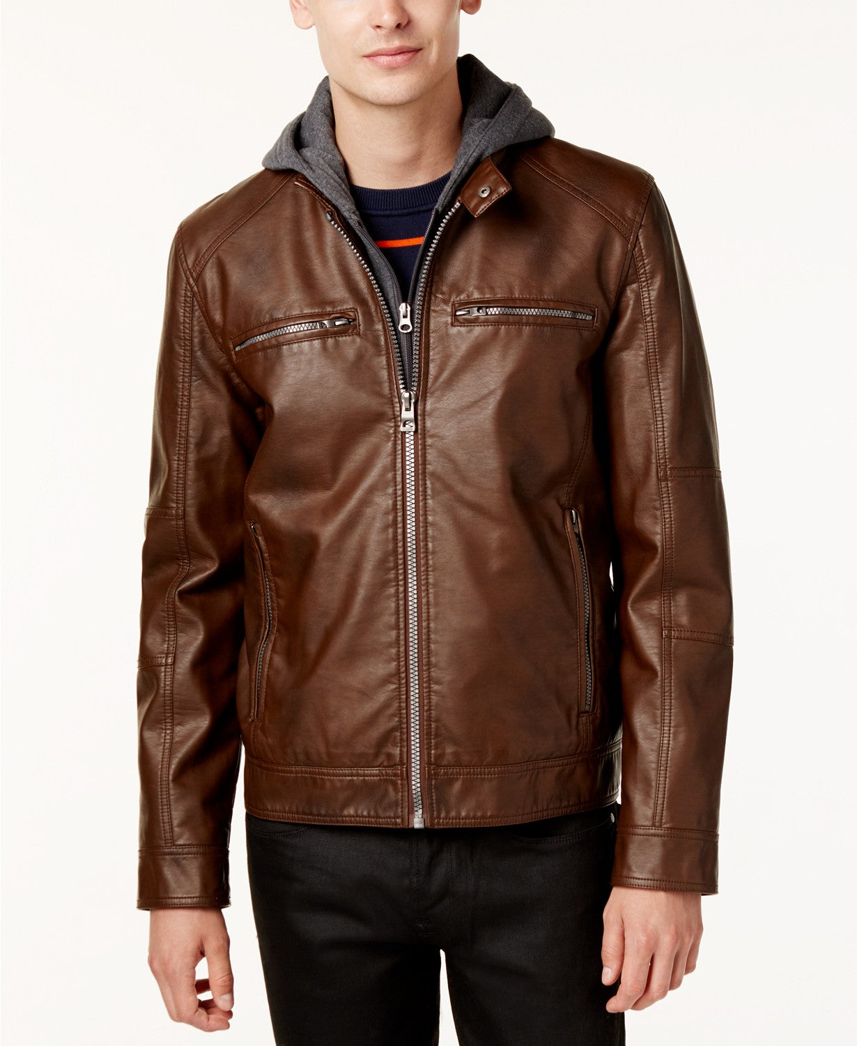 GUESS Men's Motorcycle Jacket Small Brown Faux-Leather Detachable-Hood
