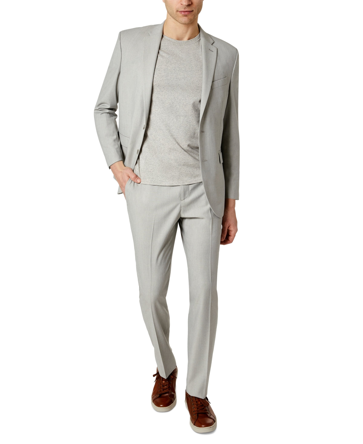 Kenneth Cole Mens Suit 40R / 33 x 30 Flex Slim-Fit Stretch Light Grey Solid