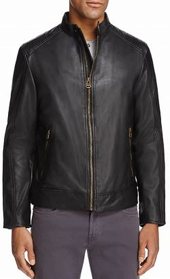 Cole Haan Mens Washed Genuine Leather Moto Jacket Medium Black