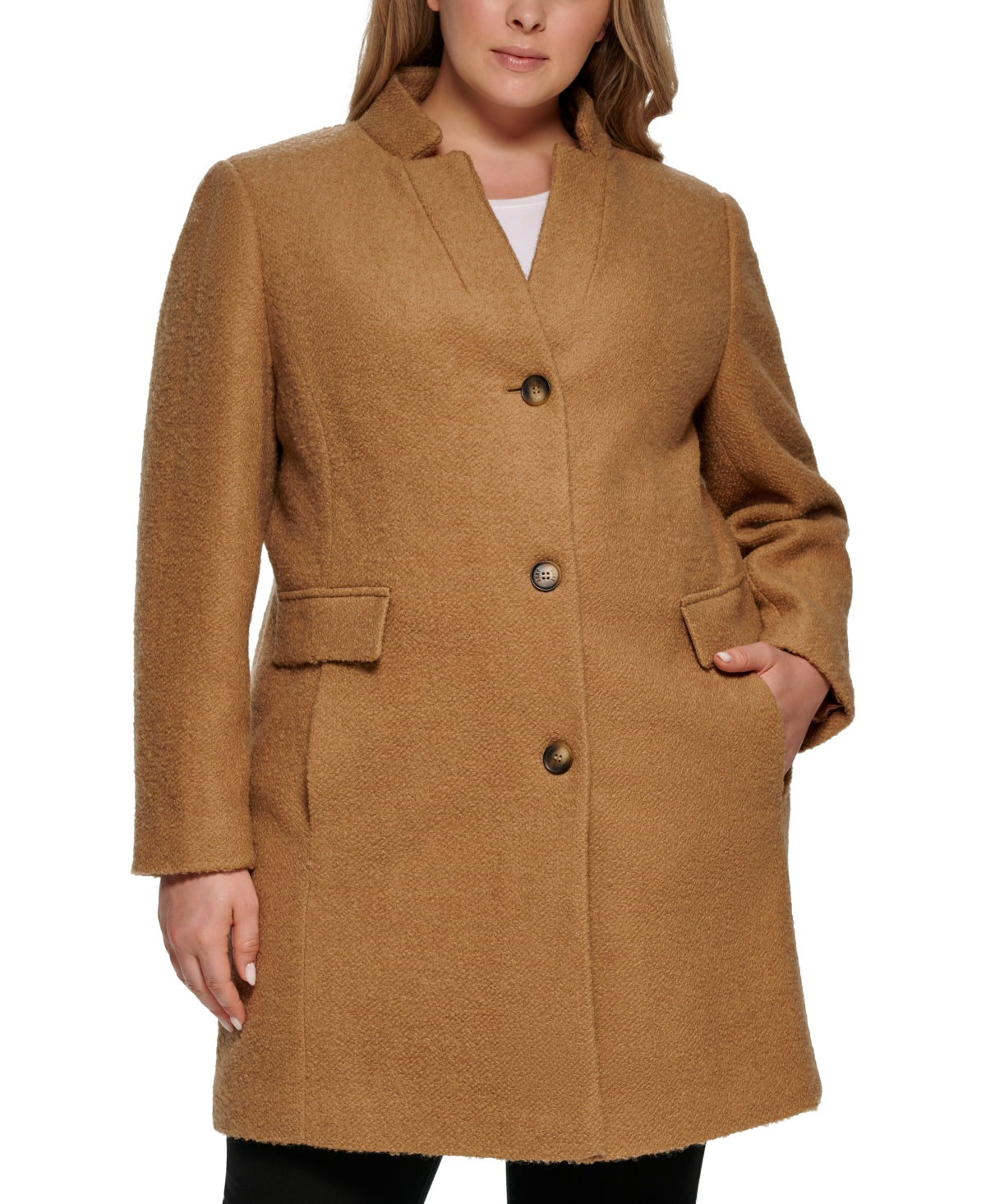DKNY Women's Plus Size Single-Breasted Boucle Walker Coat Camel Brown 2X