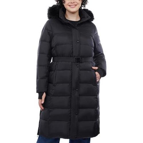 Michael Kors Women's Plus Size Belted Faux-Fur-Collar Down Puffer Coat Black 2X