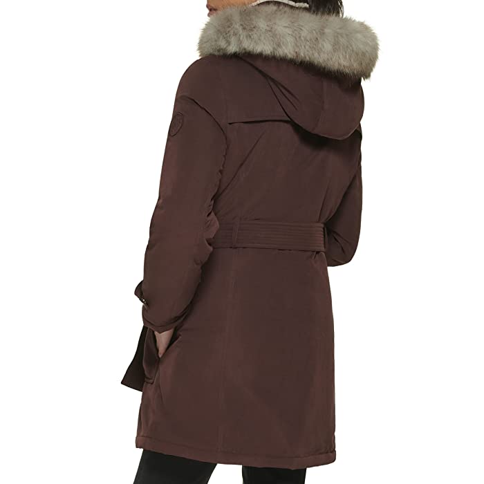 DKNY Women's Belted Faux-Fur-Trim Hooded Anorak Coat Large Burgundy