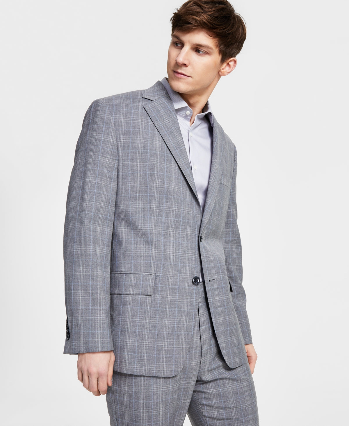 MICHAEL KORS Men's Suit Jacket 44S Classic Fit Wool-Blend Grey Blue Plaid