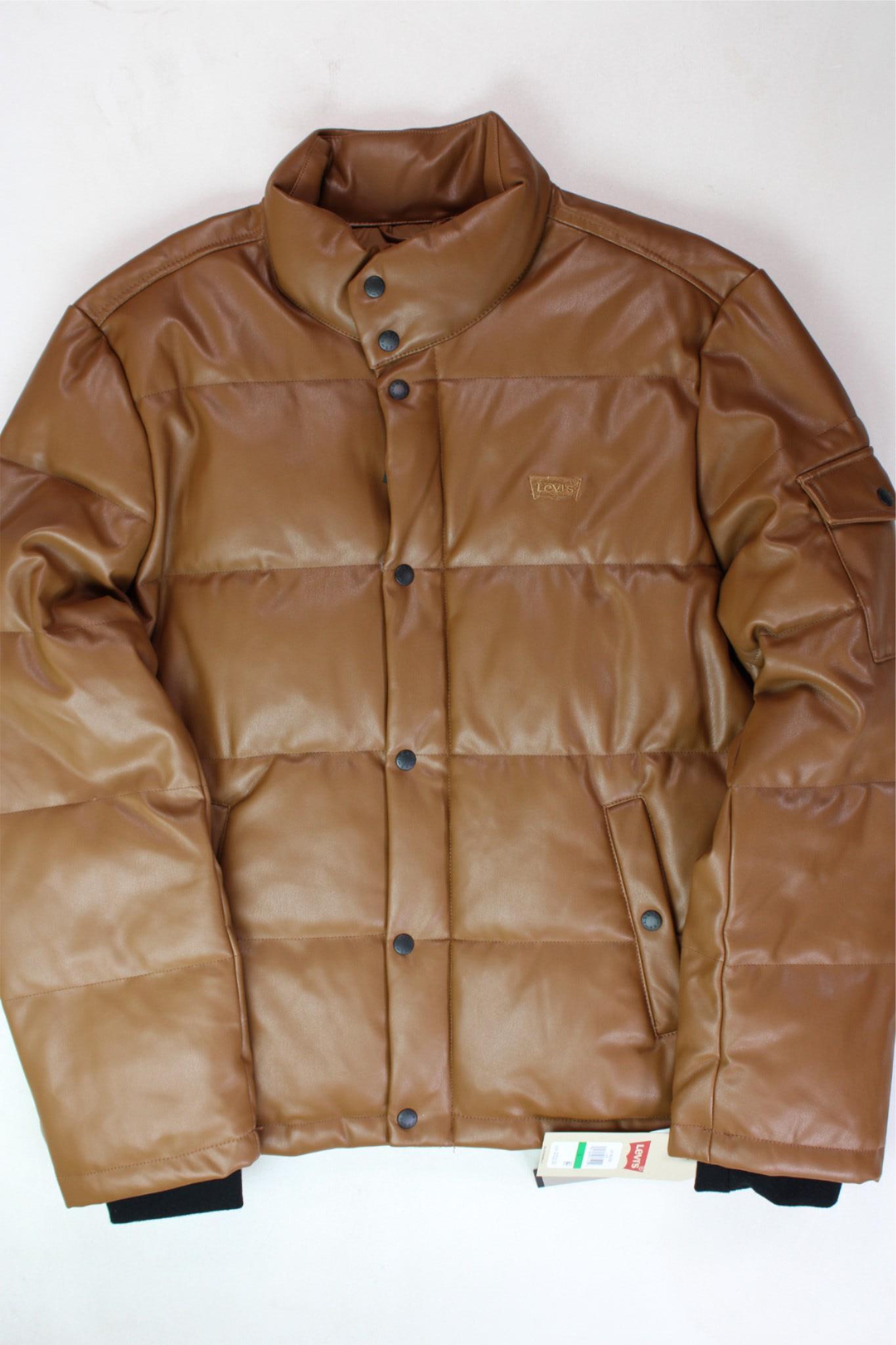 LEVI'S Men's Faux Leather Puffer Jacket Large Saddle Brown