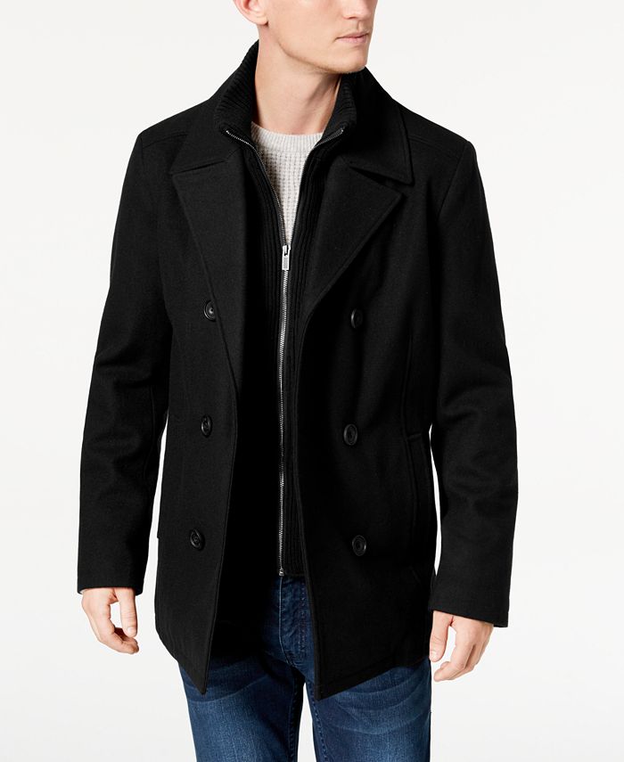 Kenneth Cole Men's Double Breasted Wool Blend Peacoat Large Bib Black Coat