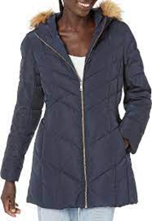 Cole Haan Womens Fur Hooded Chevron Down Puffer Coat XL Navy Blue