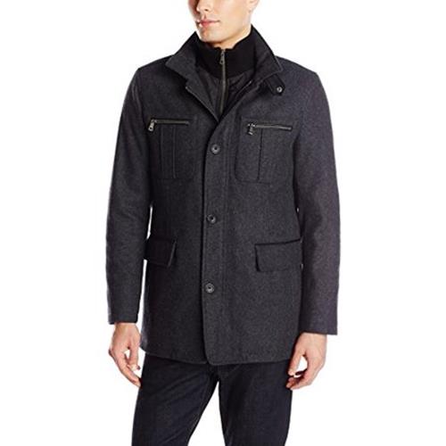 Cole Haan Mens Wool Blend Melton Zip Coat Medium Charcoal Grey