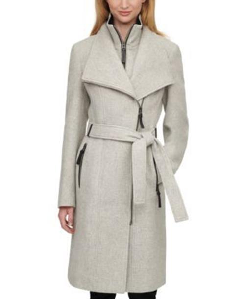 CALVIN KLEIN Women's Faux-Leather Trim Belted Wrap Coat Grey XL