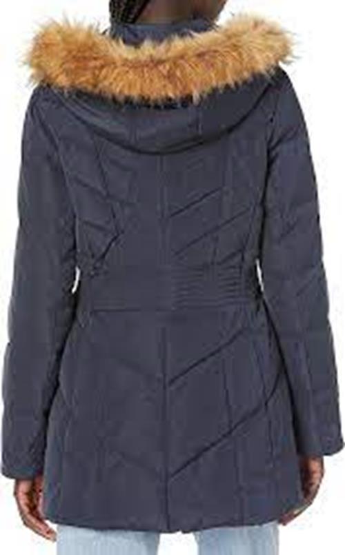 Cole Haan Womens Fur Hooded Chevron Down Puffer Coat XL Navy Blue