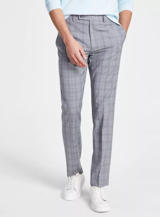 CALVIN KLEIN Men's Dress Pants 30 X 32 Light Grey Plaid Slim-Fit Wool Stretch