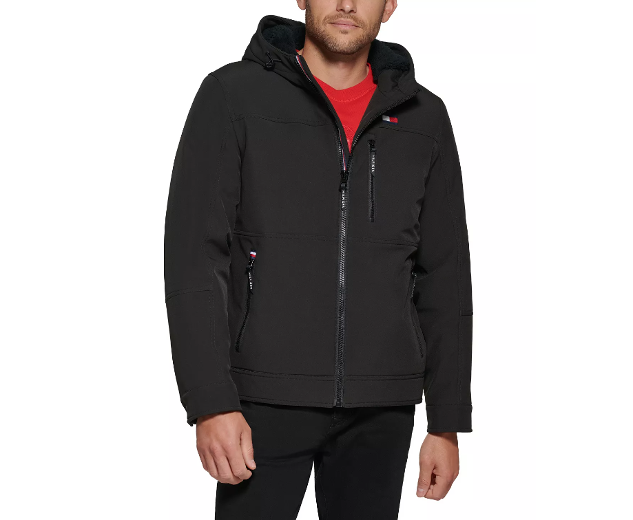 TOMMY HILFIGER Men's Sherpa-Lined Softshell Hooded Jacket Small Black