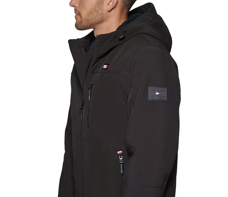 TOMMY HILFIGER Men's Sherpa-Lined Softshell Hooded Jacket Large Black