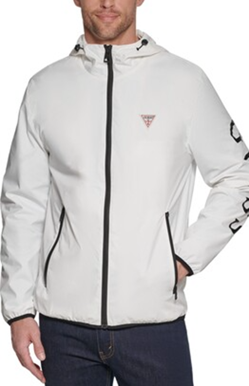 GUESS Men's Hooded Windbreaker Jacket Large White